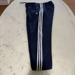 adidas Men's L Blue Navy Track Pants White Stripes Athletic Drawstring Pockets